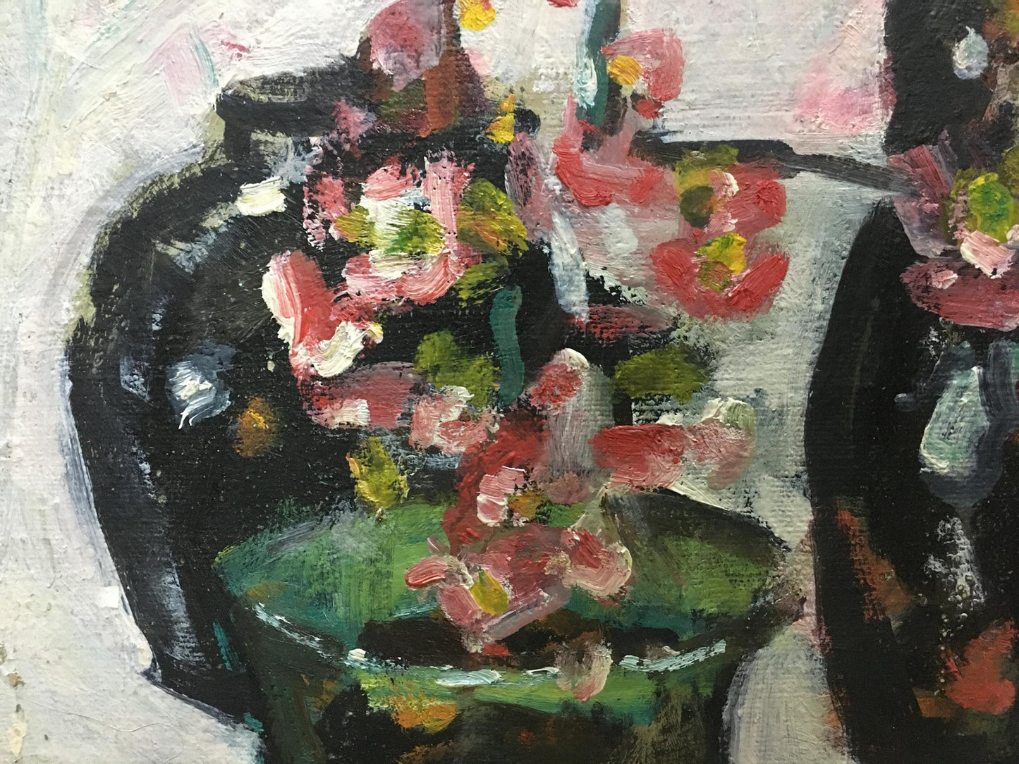 Vibrant impressionistic oil painting of pink red flowers in black vase by Volsky Petr Dmitrievich