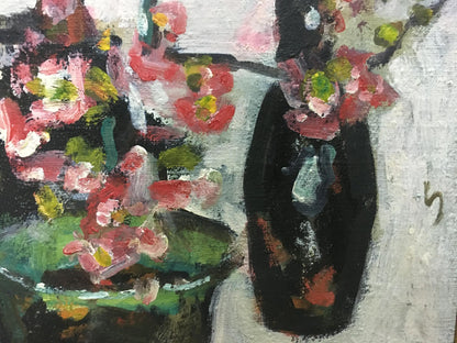 Black vase with pink green flowers in textured brushstrokes by Volsky Petr Dmitrievich
