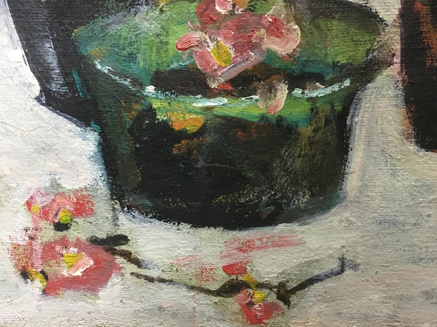 Oil painting by Volsky Petr Dmitrievich: dark green vase with pink yellow blossoms