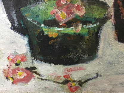 Oil painting by Volsky Petr Dmitrievich: dark green vase with pink yellow blossoms