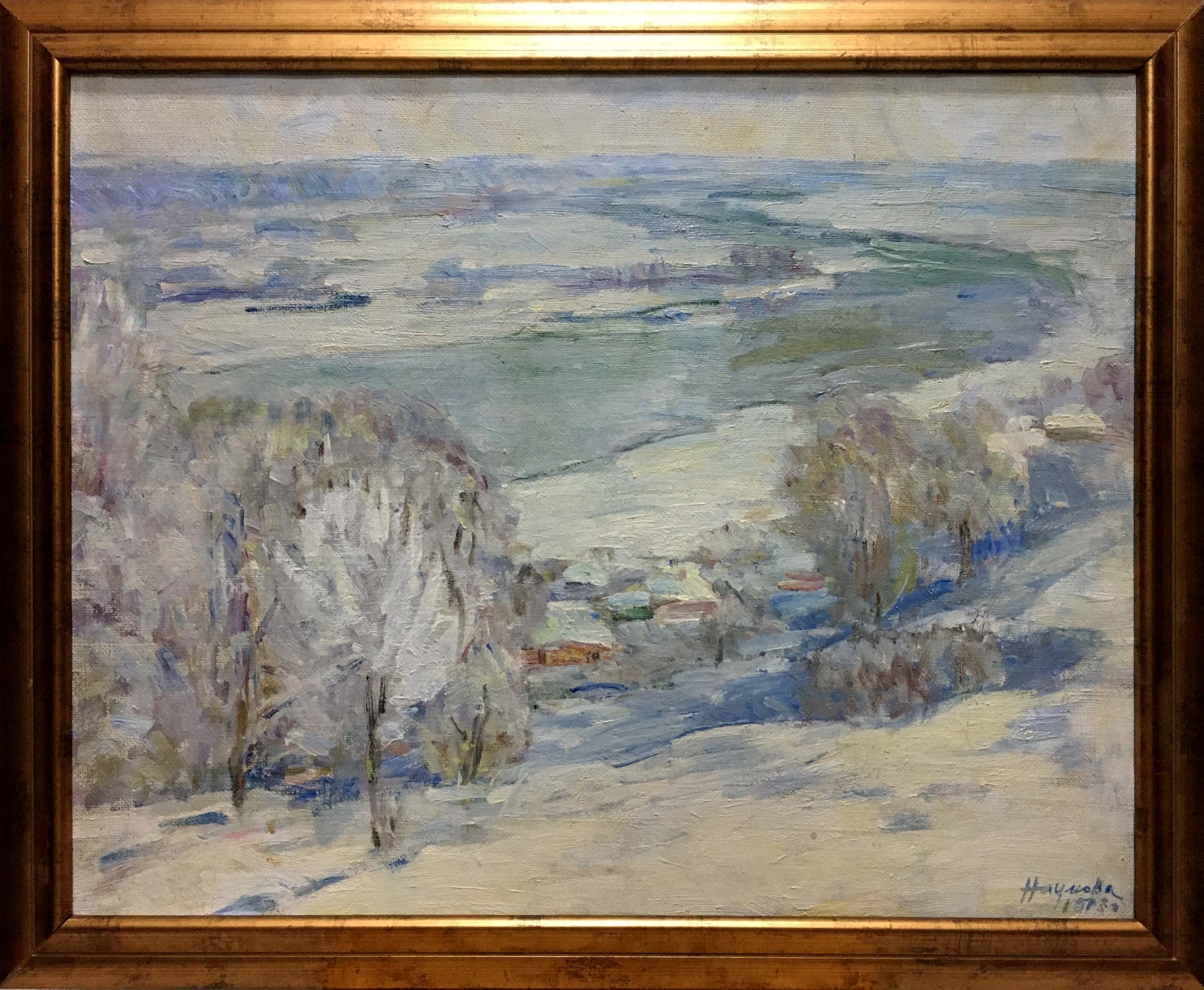 Framed oil painting of snowy landscape by Naumova Tamara Sergeevna