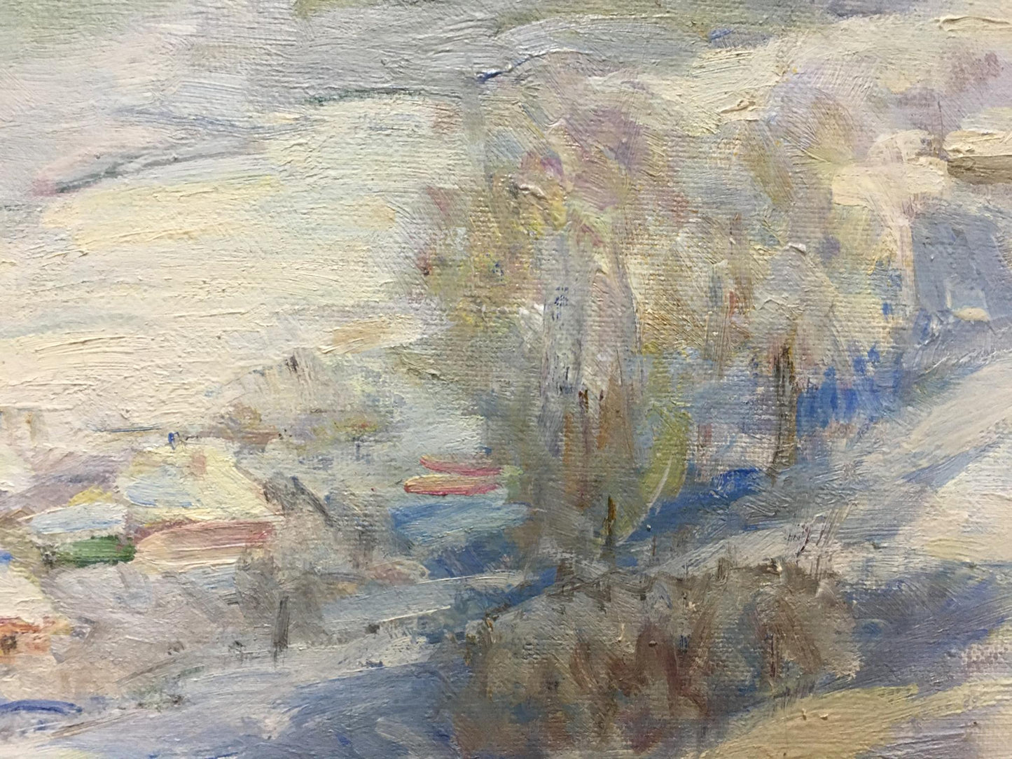 Textured impressionist oil painting of winter coastal landscape by Naumova Tamara Sergeevna