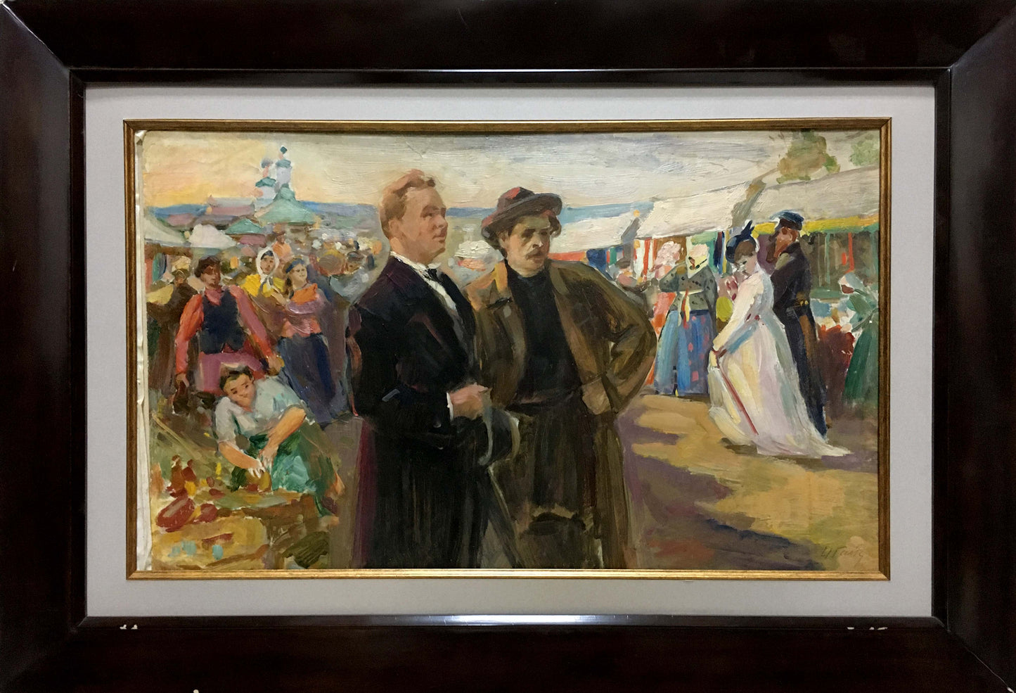 Framed oil painting of Gantman Moses Faybovich men at bustling market