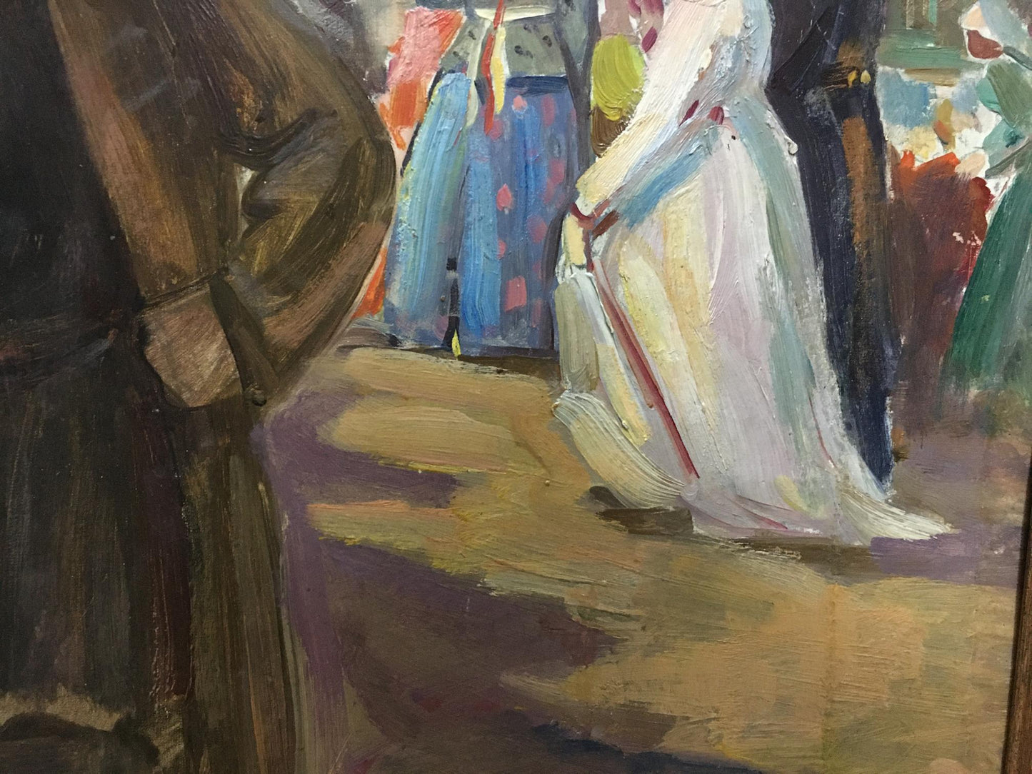 Impressionistic oil painting of Gantman Moses Faybovich men at market in flowing white gown