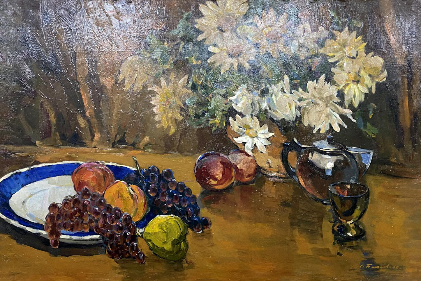 Oil painting by Bakaev Sergey Ivanovich: grapes, peaches, pear on plate