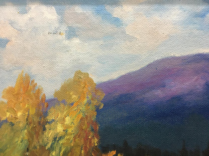 Oil painting Autumn in the mountains: textured autumn trees, purple mountains