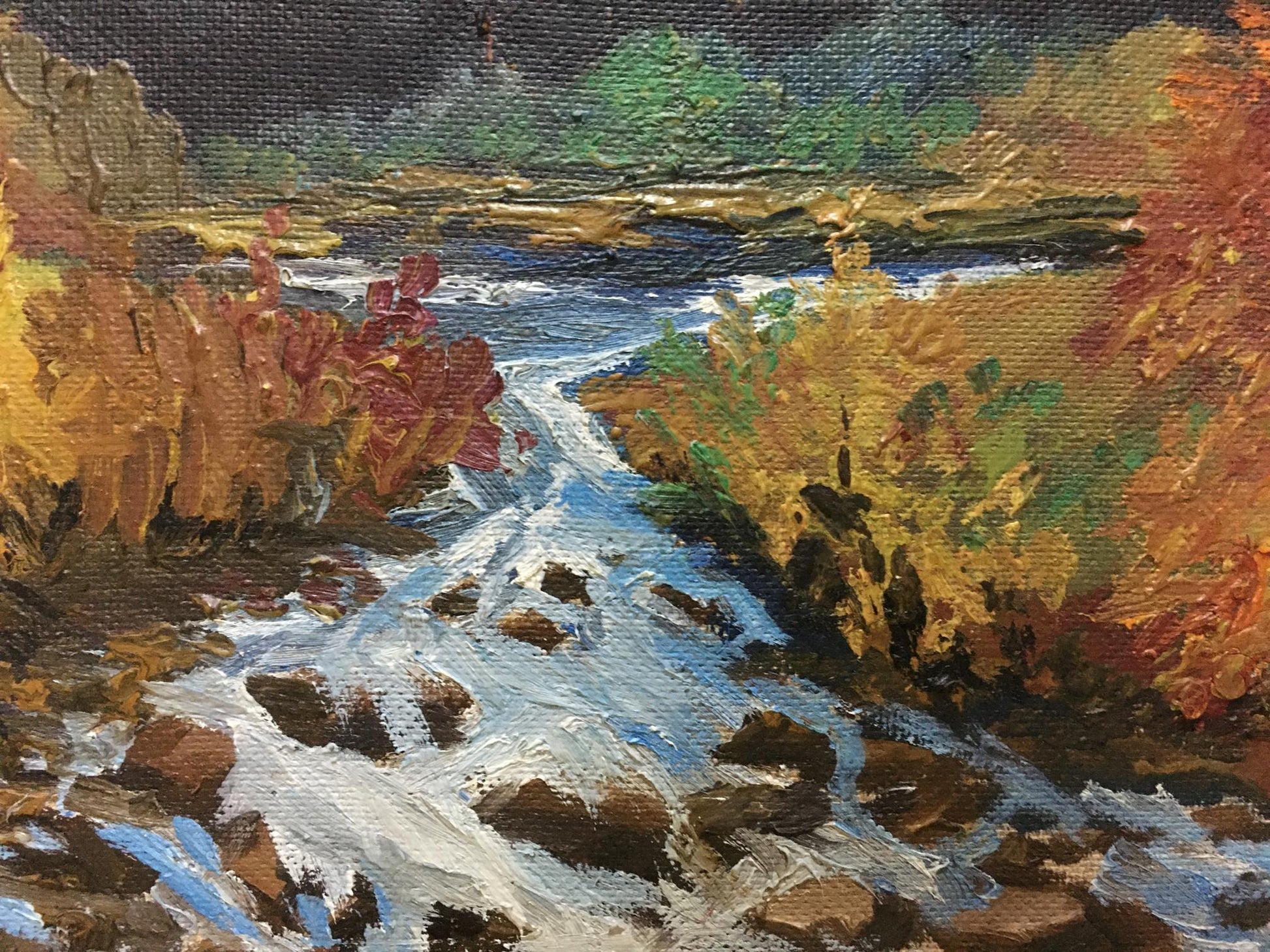 Oil painting Autumn in the Mountains by unknown artist, textured stream and foliage