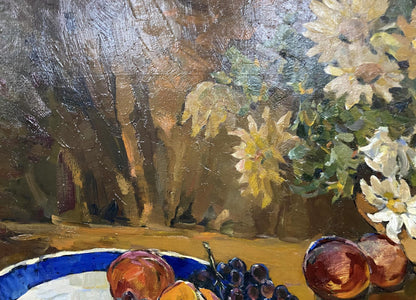 Oil painting by Bakaev Sergey Ivanovich: peaches, grapes, flowers