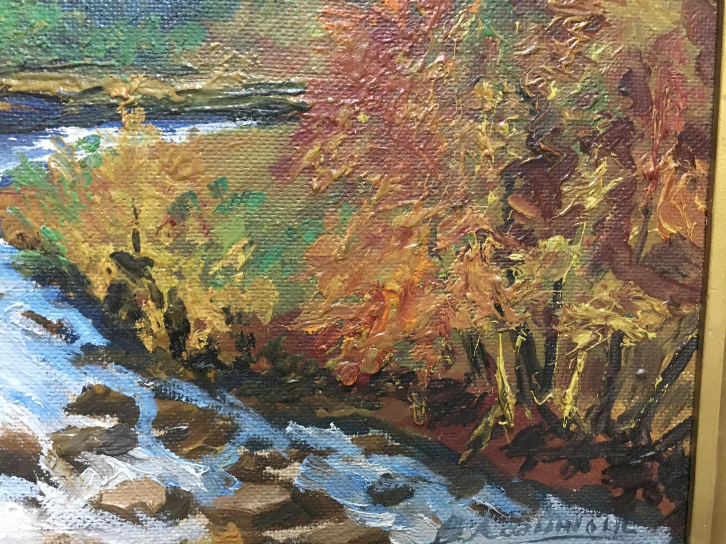 Oil painting Autumn in the mountains: vibrant foliage and river landscape
