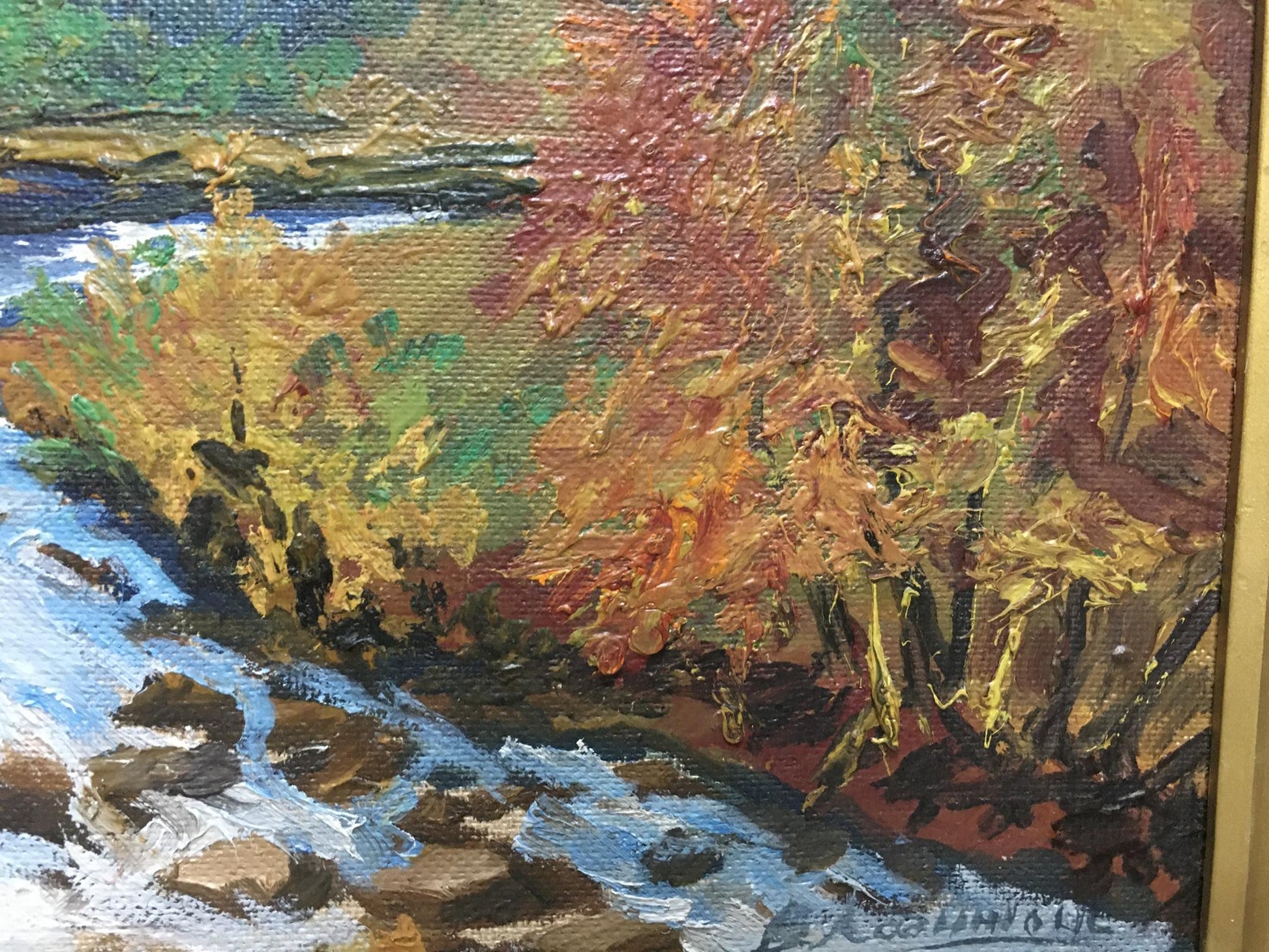 Oil painting Autumn in the mountains: vibrant foliage and river landscape