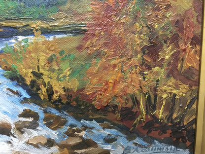 Oil painting Autumn in the mountains: vibrant foliage and river landscape