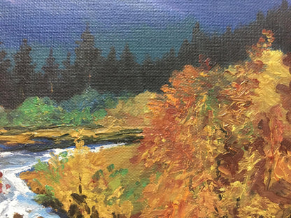 Oil painting Autumn in the mountains textured orange foliage canvas