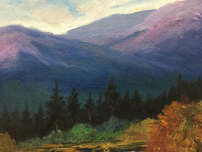 Oil painting Autumn in the mountains: purple-blue peaks, evergreens, orange foliage