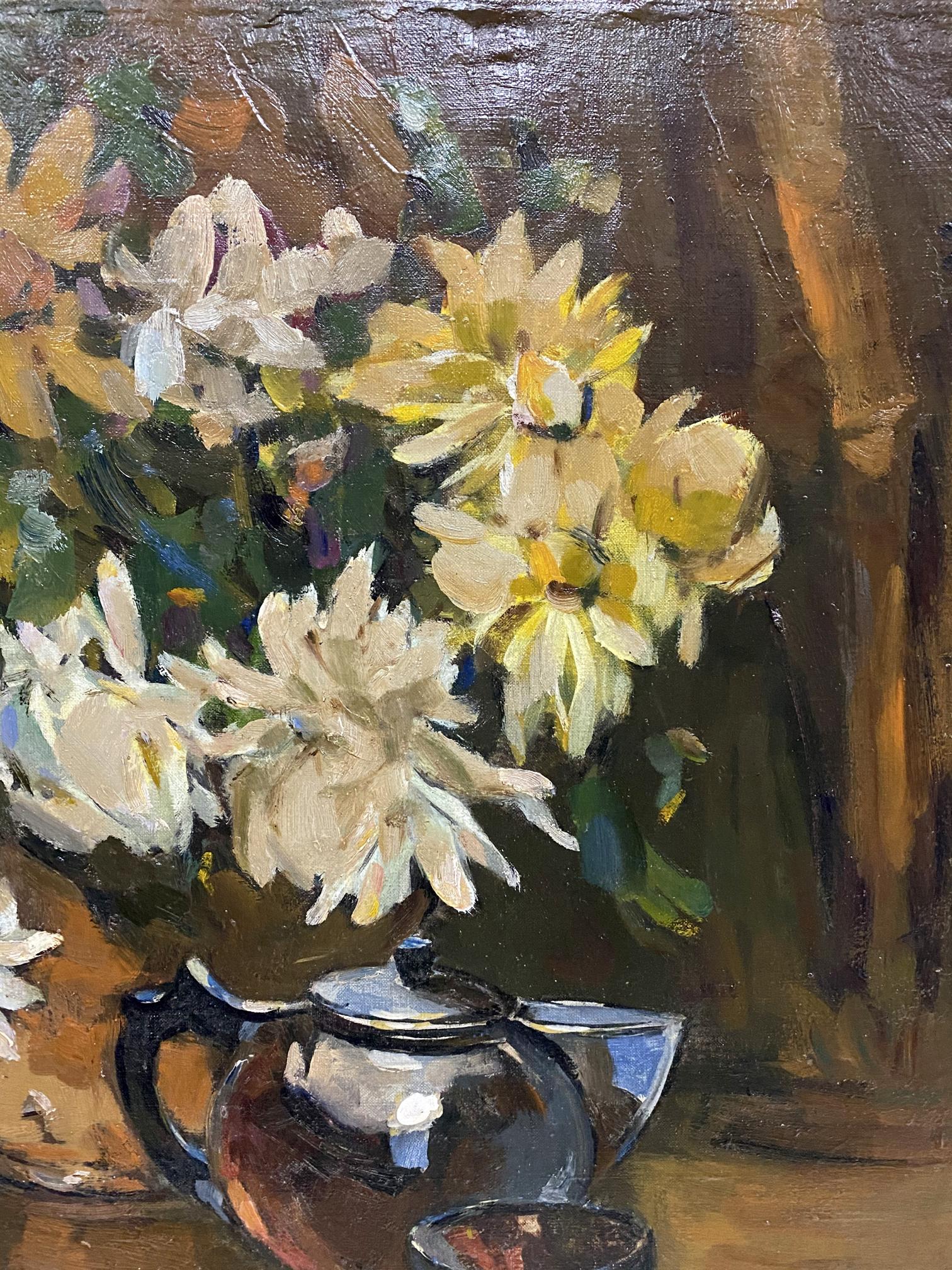 Oil painting by Bakaev Sergey Ivanovich: white yellow chrysanthemums teapot