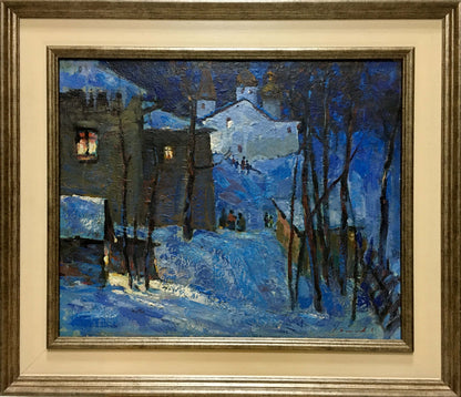 Oil painting Winter fairy tale by Sergey Basov: snowy village scene
