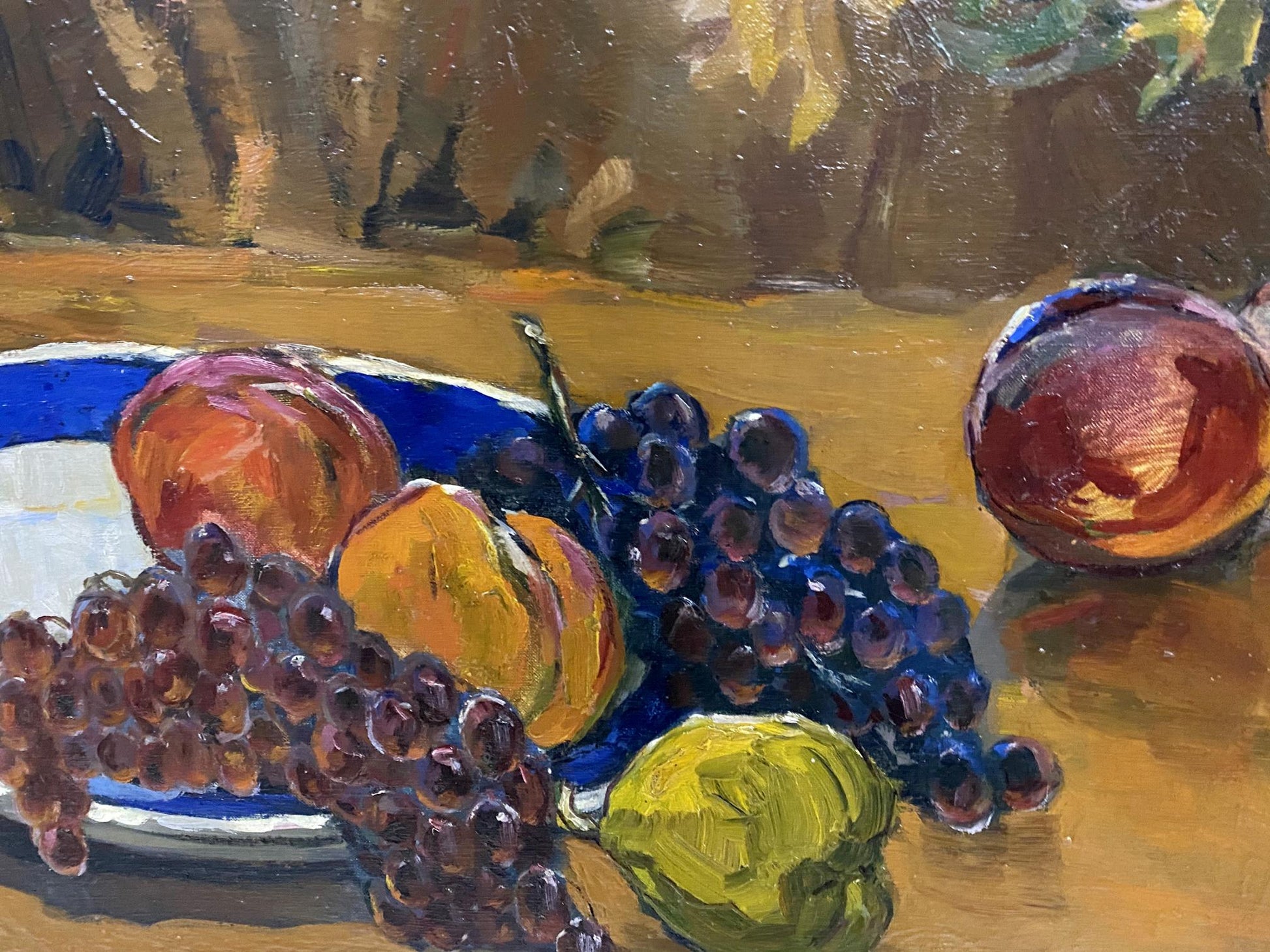 Oil painting by Bakaev Sergey Ivanovich of grapes, peaches, apple on plate