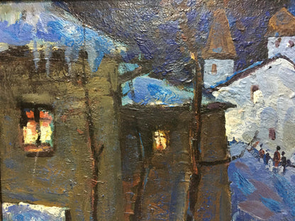 Oil painting Winter fairy tale by Sergey Basov: snowy village street