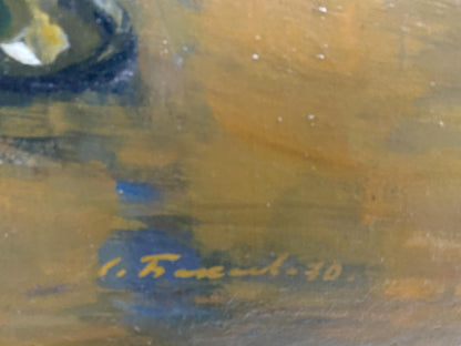 Gold painted signature by Bakaev Sergey Ivanovich on textured canvas