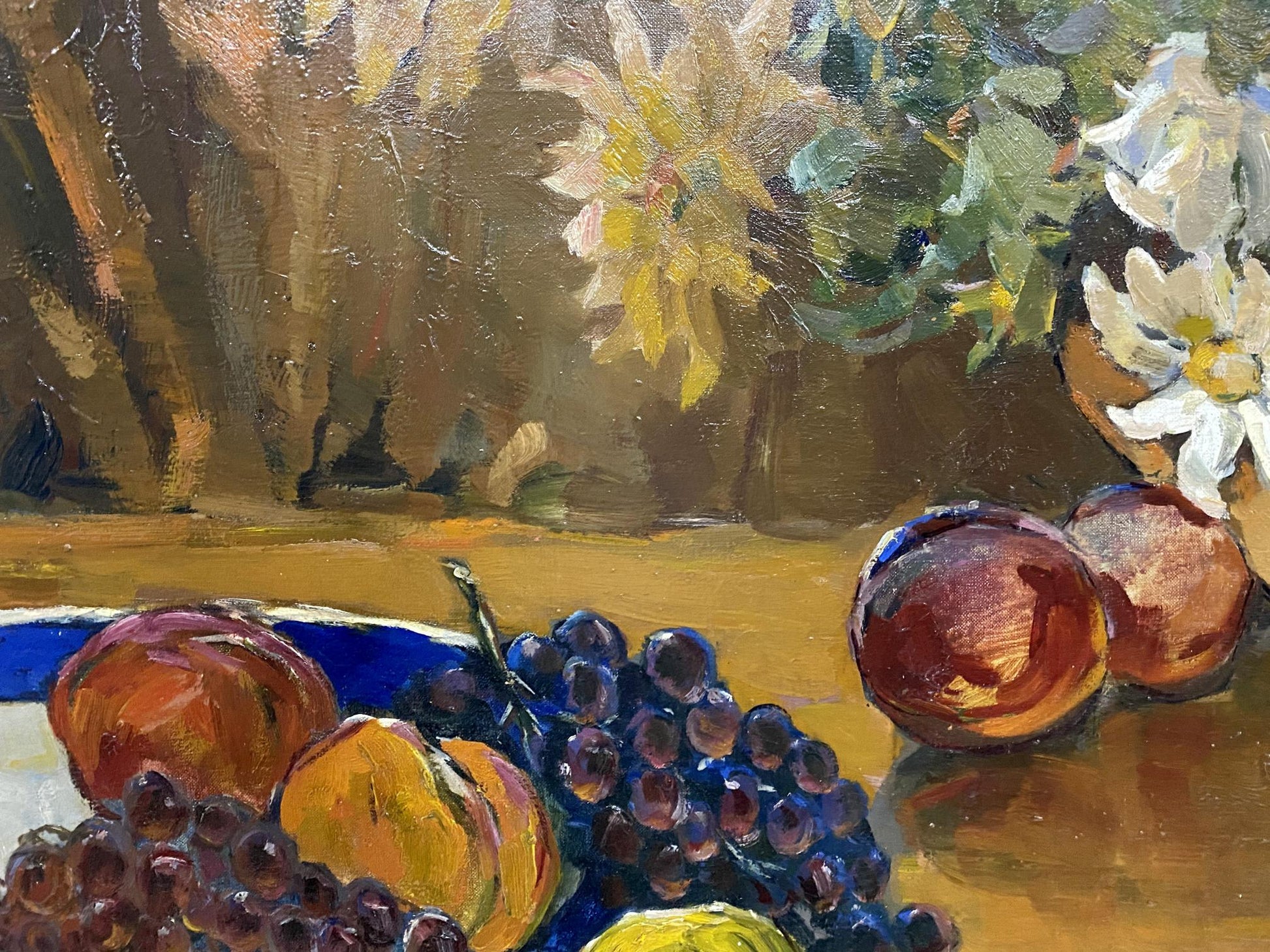 Oil painting by Bakaev Sergey Ivanovich of grapes and peaches in blue bowl