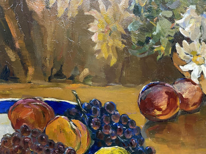 Oil painting by Bakaev Sergey Ivanovich of grapes and peaches in blue bowl