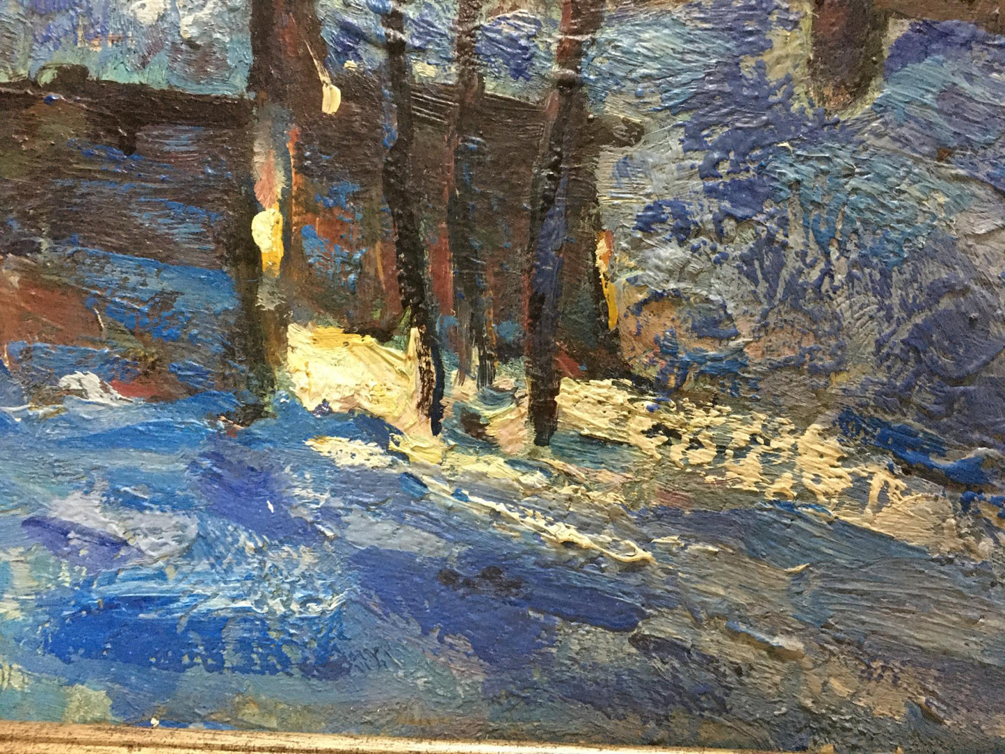 Oil painting Winter fairy tale by Sergey Basov: dark trees in swirling blue landscape