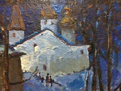Oil painting Winter fairy tale by Sergey Basov: white church with golden domes