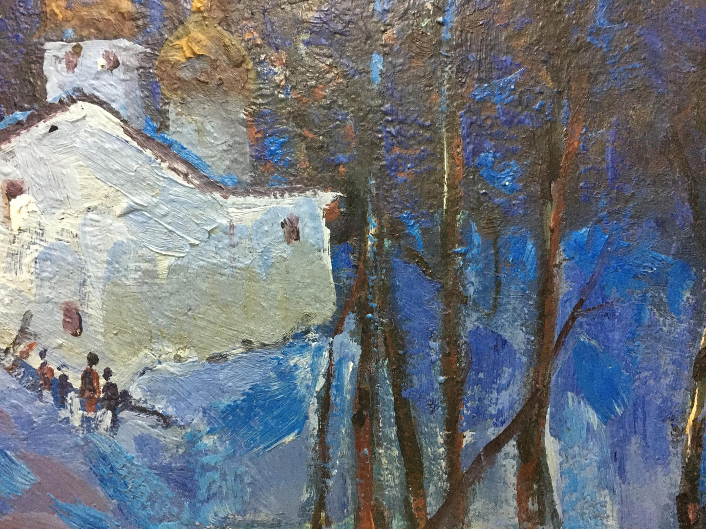 Oil painting Winter fairy tale by Sergey Basov: white building in snowy trees