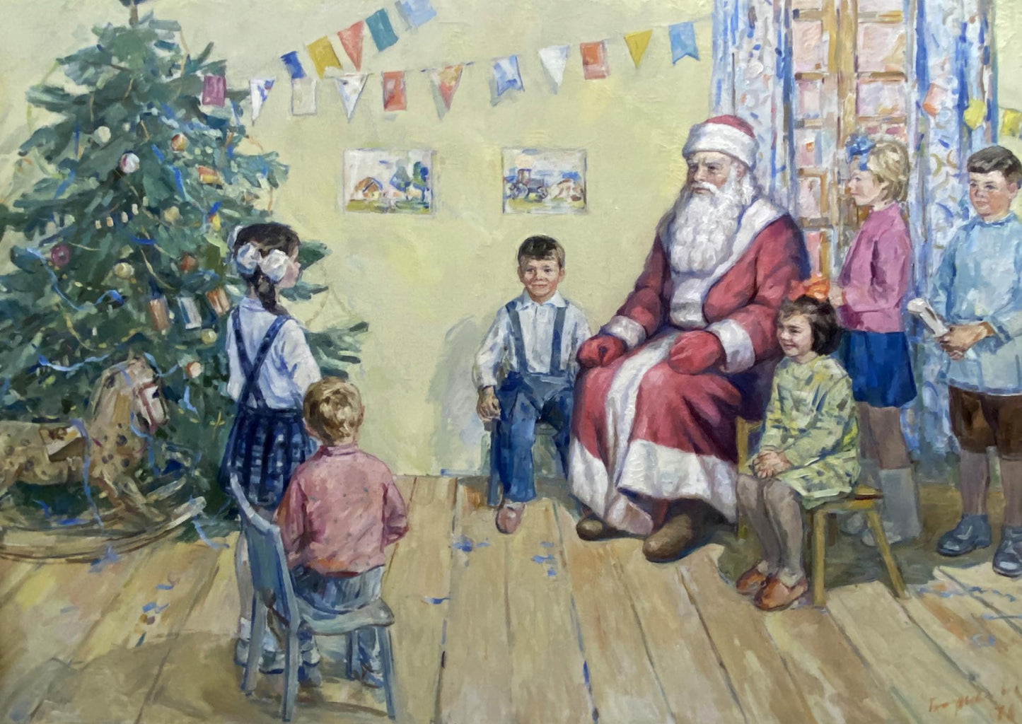 Oil painting of Santa Claus in red suit on chair by Borisov Alexander Alekseevich