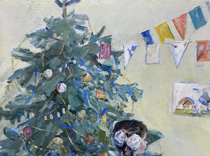 Oil painting of lush green Christmas tree with blue ribbons by Borisov Alexander Alekseevich
