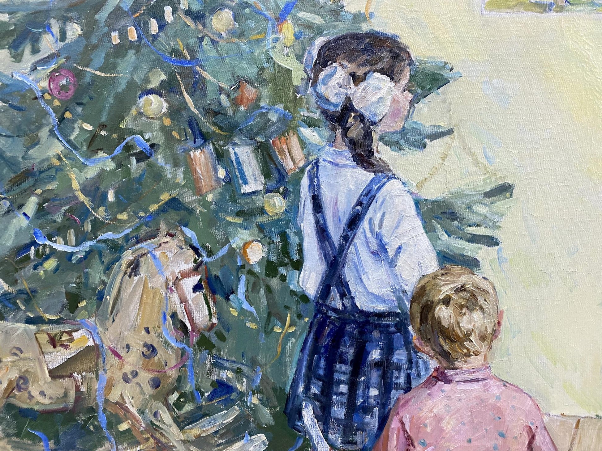 Oil painting of girl in white blouse, plaid overalls by Christmas tree by Borisov Alexander Alekseevich