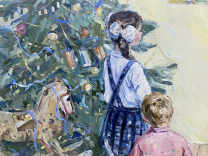 Oil painting of girl in white blouse, plaid overalls by Christmas tree by Borisov Alexander Alekseevich