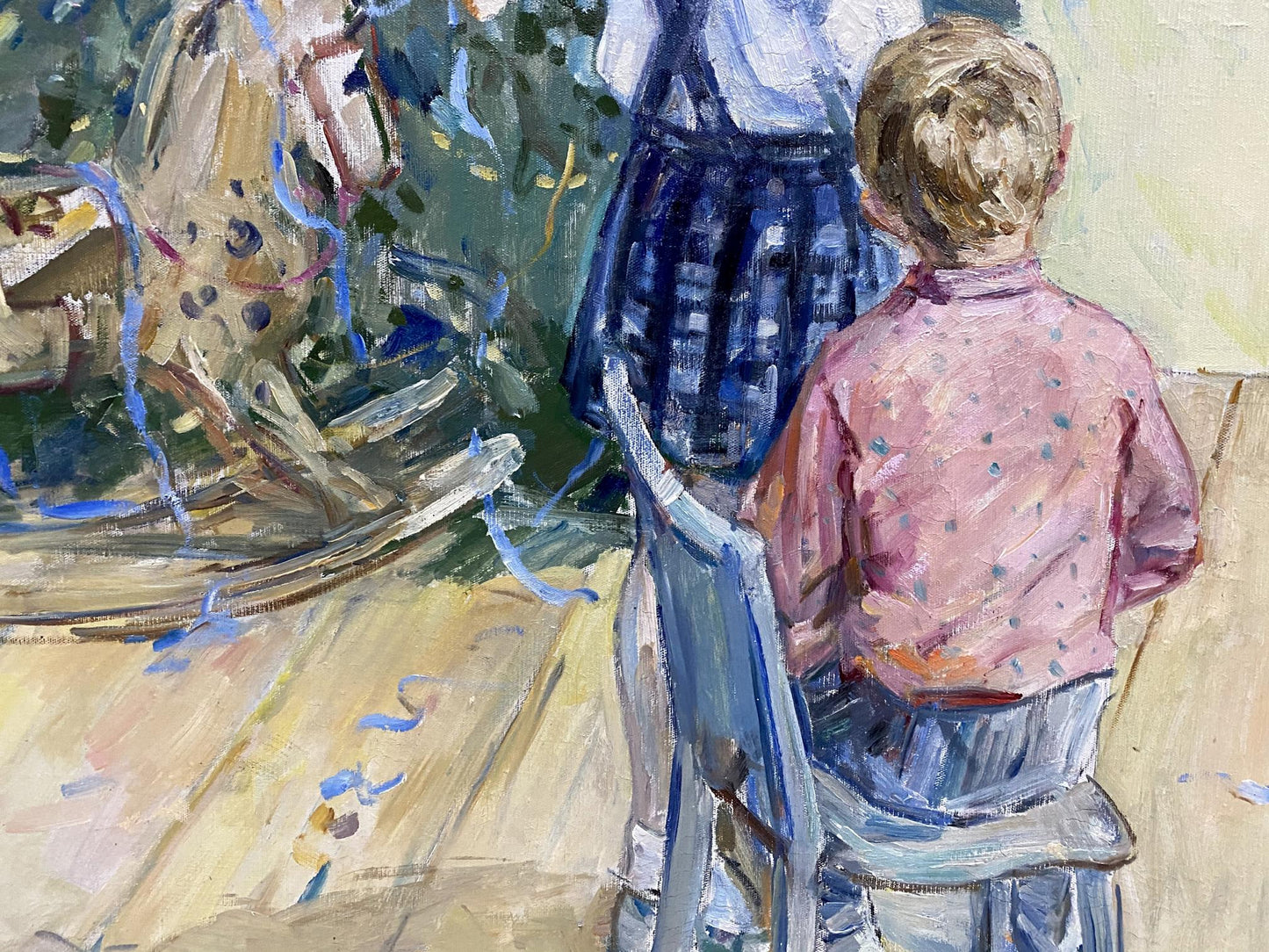 Child with blonde hair in pink dotted shirt sits on blue chair in Borisov oil painting Meeting with Santa Claus