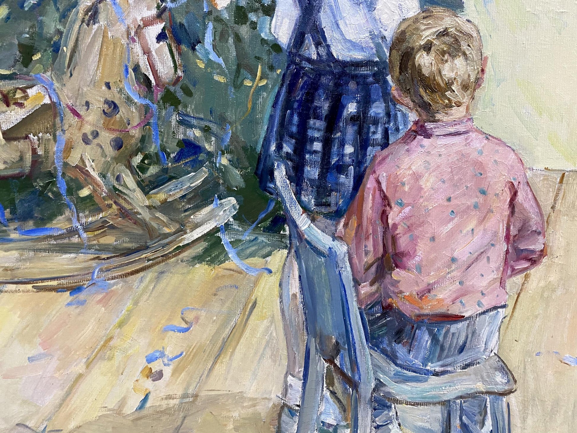 Child with blonde hair in pink dotted shirt sits on blue chair in Borisov oil painting Meeting with Santa Claus