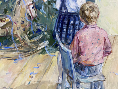 Child with blonde hair in pink dotted shirt sits on blue chair in Borisov oil painting Meeting with Santa Claus