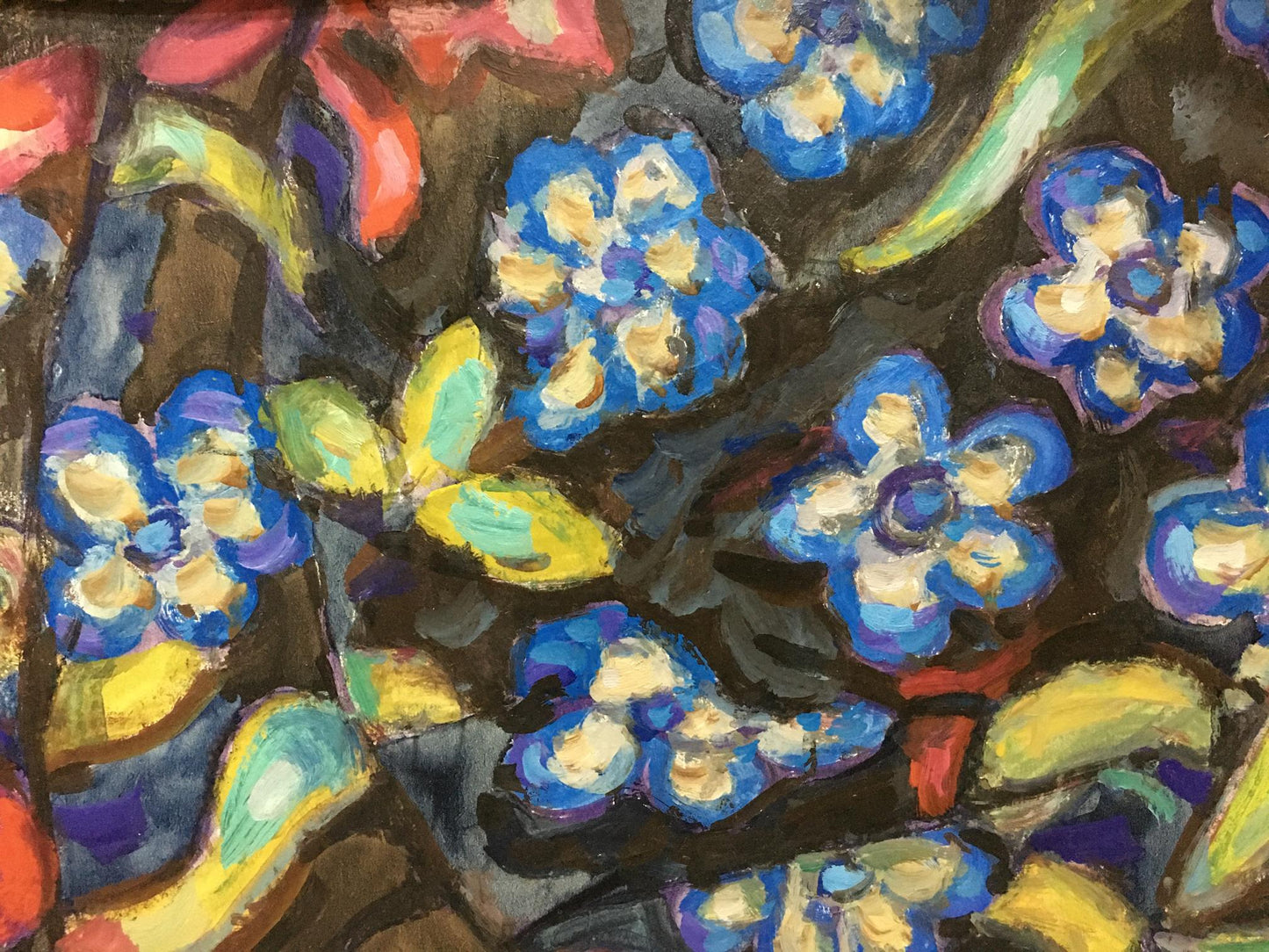 Oil painting Thoughts on Food by Gaiduk Zinaida Kirillovna, vibrant blue flowers