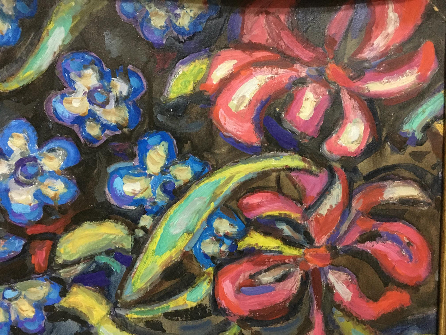 Oil painting Thoughts on Food by Gaiduk Zinaida Kirillovna, vibrant blue red flowers