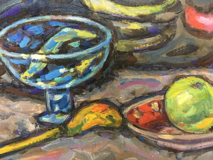 Vibrant impressionistic oil painting of blue yellow fruit bowl by Gaiduk Zinaida Kirillovna
