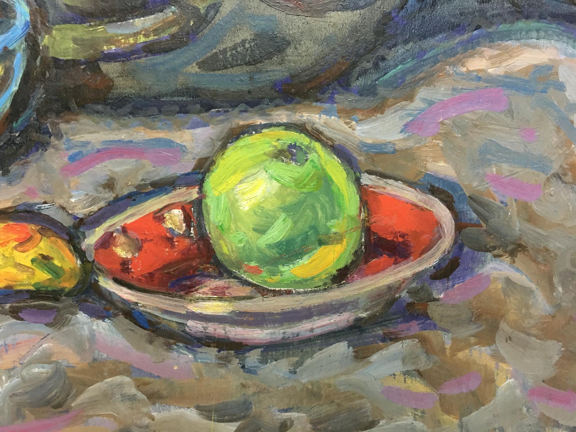 Oil painting by Gaiduk Zinaida Kirillovna: green apple in white bowl with fruits