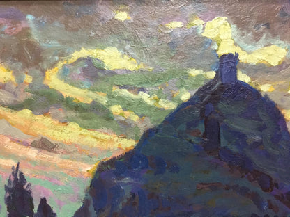 Oil painting by Mikhaylichenko Sergey Viktorovich: dark blue hilltop castle against swirling yellow-purple sky