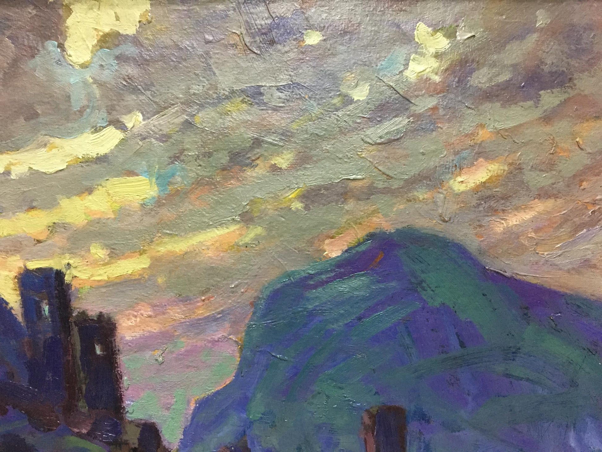 Oil painting of vibrant swirling sky over green hillside by Mikhaylichenko Sergey Viktorovich