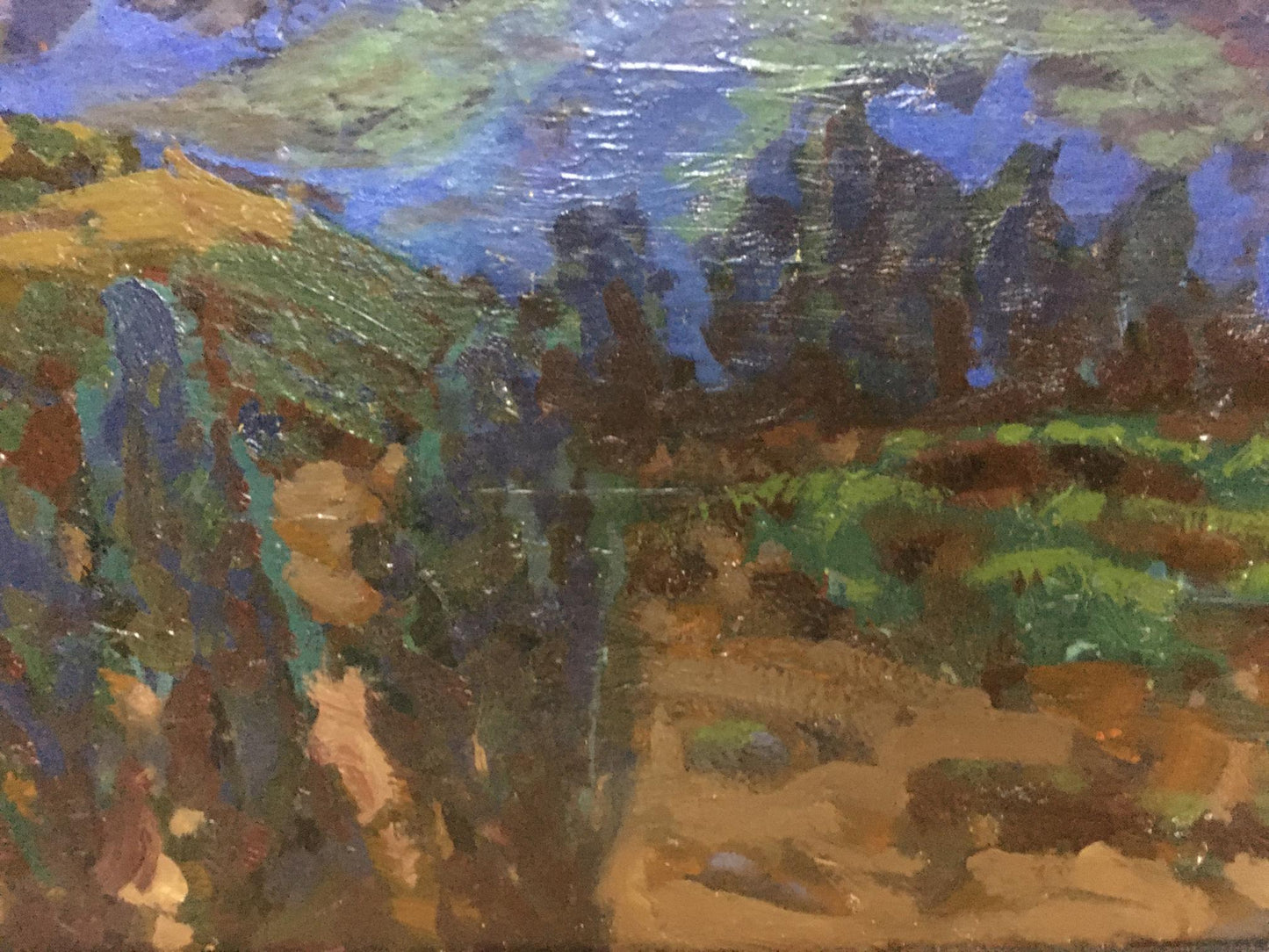 A textured oil painting depicting a landscape with vibrant greens, blues, and earthy browns.