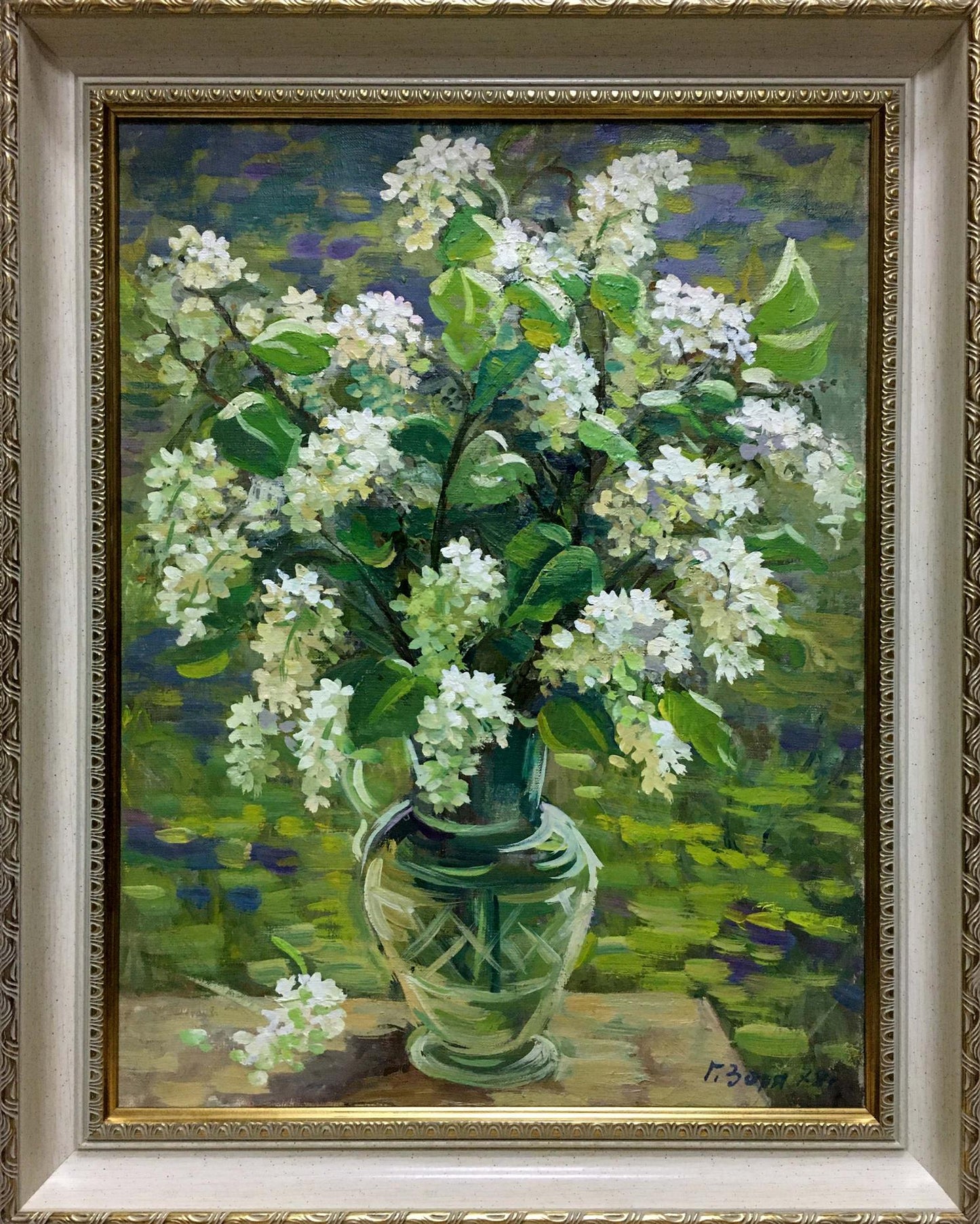 Oil painting Flowers Zorya by Galina Denisovna: lilac blossoms pitcher