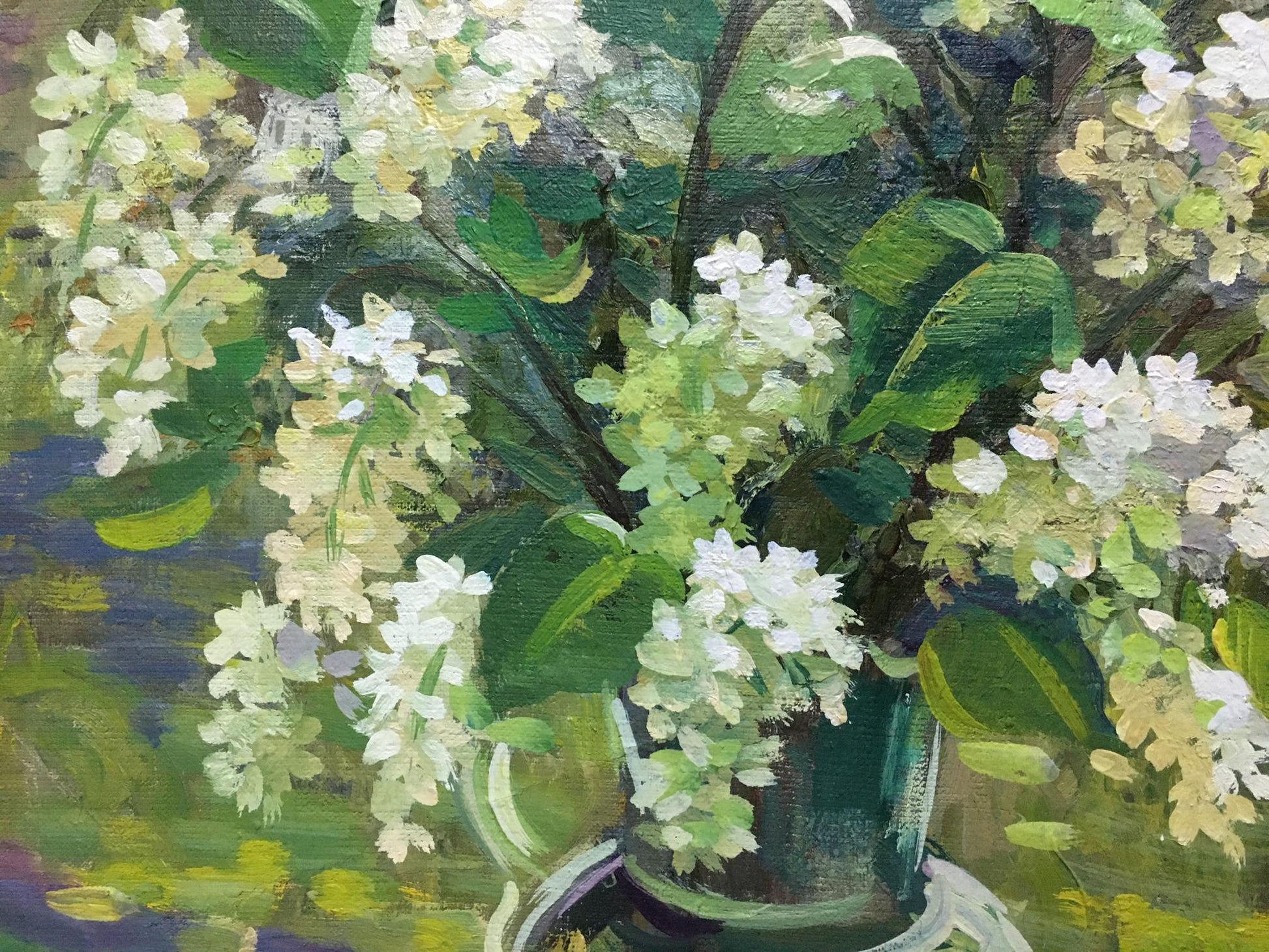 Oil painting Flowers Zorya by Galina Denisovna: white blossoms in green vase