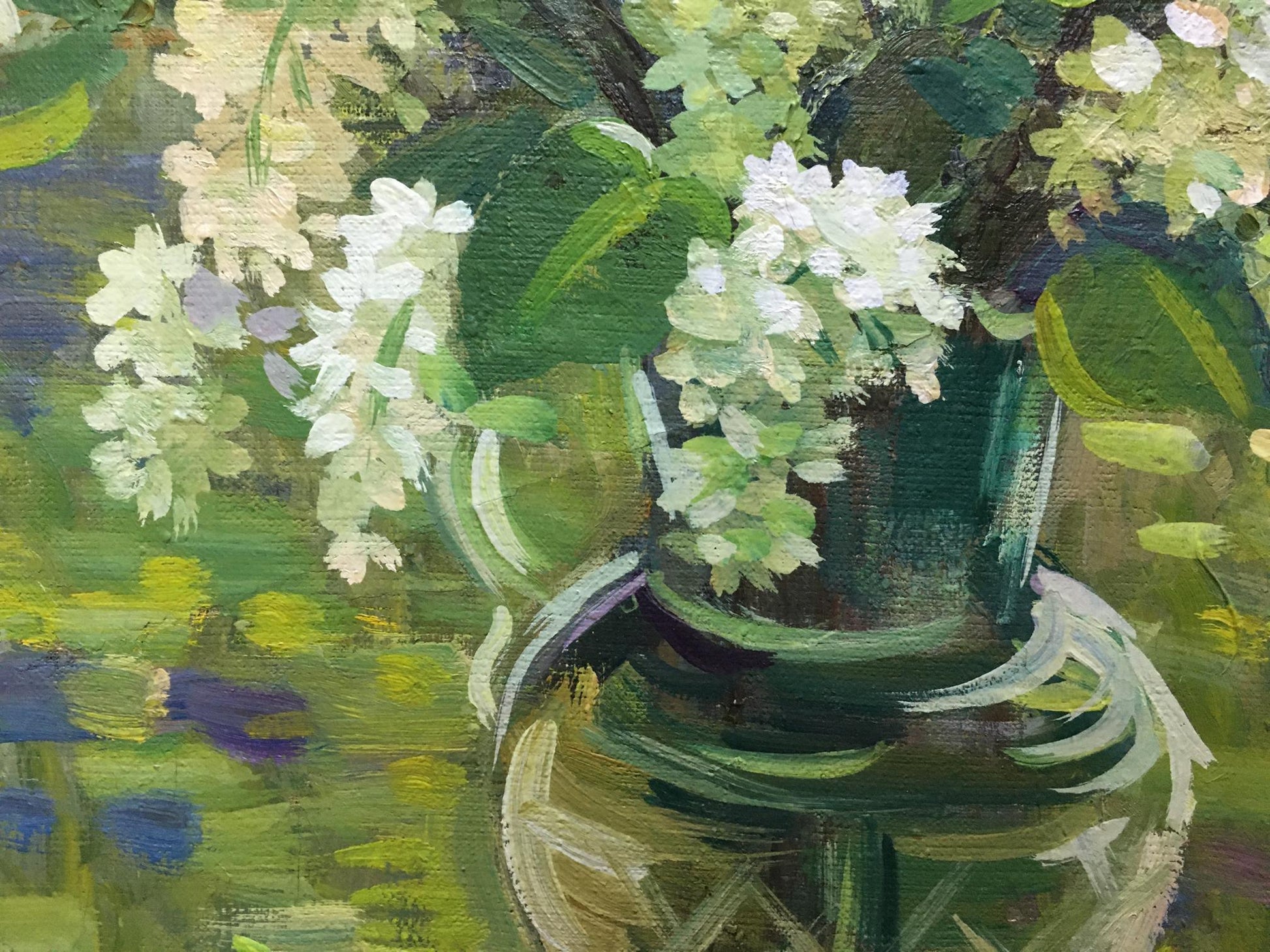 Oil painting Flowers Zorya by Galina Denisovna: green vase with white flowers