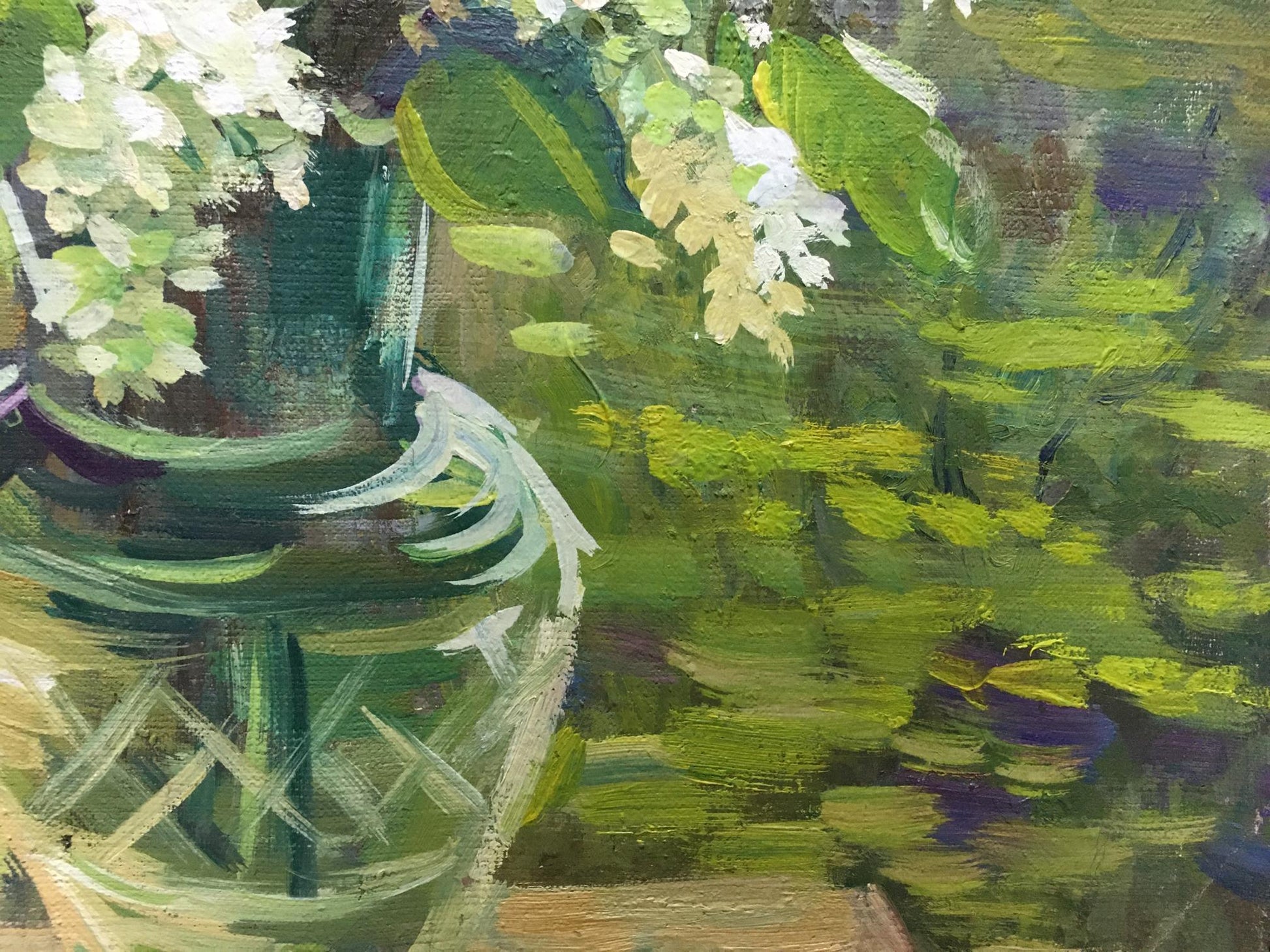 Oil painting Flowers Zorya by Galina Denisovna in green cross-hatched vase