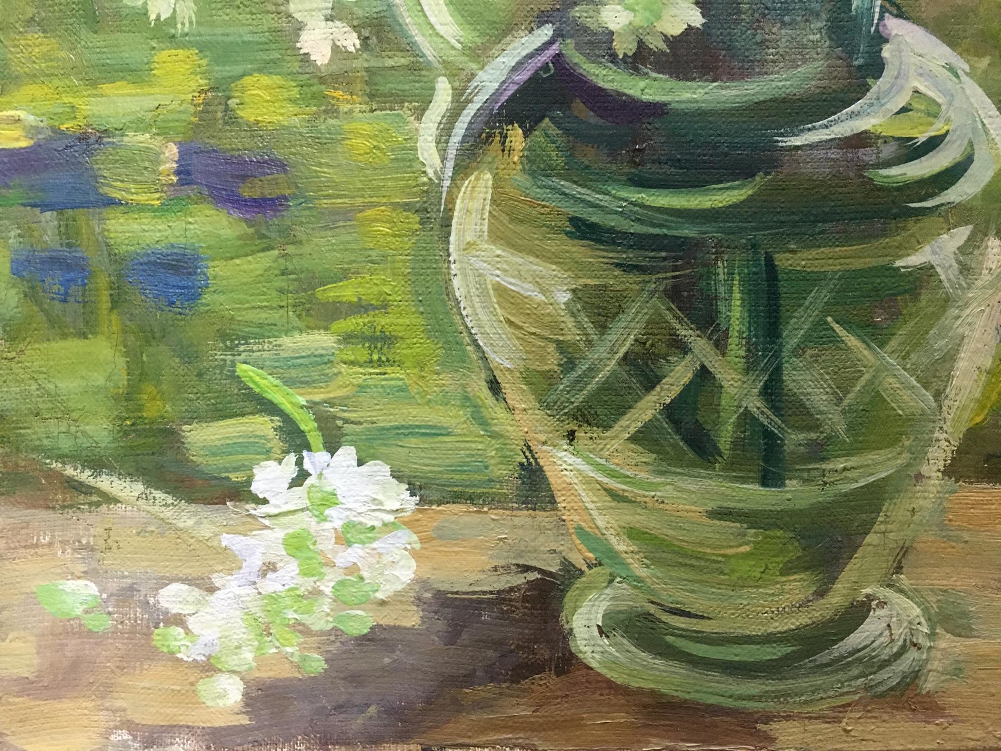 Green glass vase with diamond pattern in Oil painting Flowers Zorya style