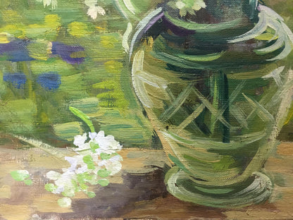 Green glass vase with diamond pattern in Oil painting Flowers Zorya style