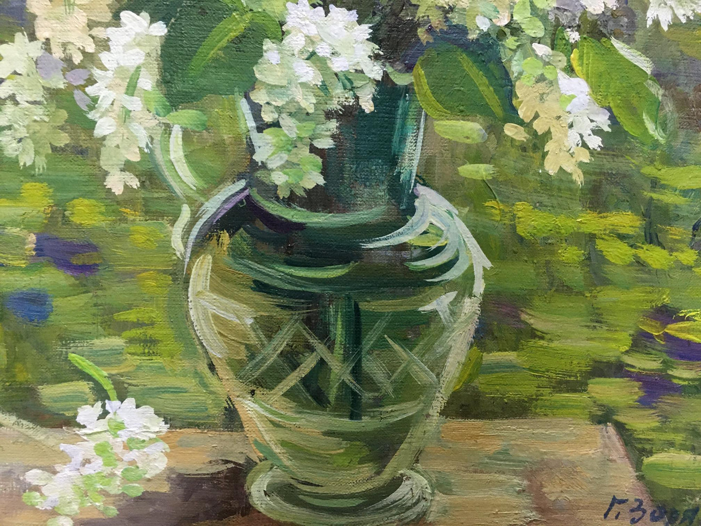 Green transparent glass vase with diamond-cut pattern in Zorya oil painting style