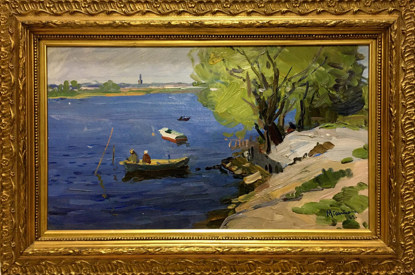 Framed oil painting by Gantman Moses Faybovich: serene river boats near shore
