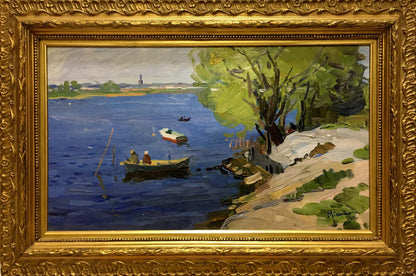 Framed oil painting by Gantman Moses Faybovich: serene river boats near shore